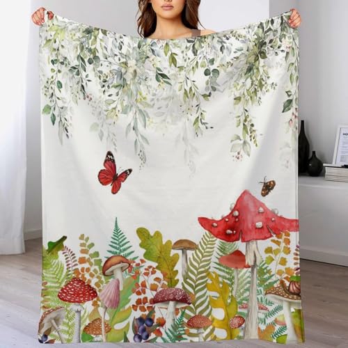 Rustic Mushroom Blanket,Vintage Green Nature Rustic Plant Leaf Flower Butterfly Print Blanket for Couch Sofa Bed Decorative Gifts 30x40 - color: Blanket-1, size: 30"x40"