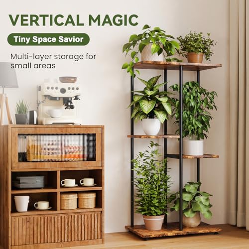 Plant Stand Indoor, Corner 4 Tier Metal Plant Shelf for Multiple Plants, Tiered Flower Pot Stands for Patio Garden Balcony Living Room Bedroom - color: 4 Tier Long Black+Brown