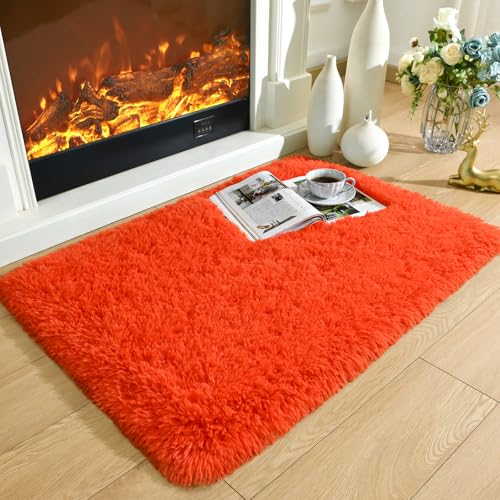 Merelax Fluffy Rug Shaggy Area Rug, Orange Red 2x3 Small Rugs for Fireplace Holiday Dearations, Mini Fuzzy Plush Kids Bedside Rug, Soft Non-Slip Entryway Throw Rugs Shag Catpet for Living Room - color: Orange Red, size: 2' x 3' (Rectangular)