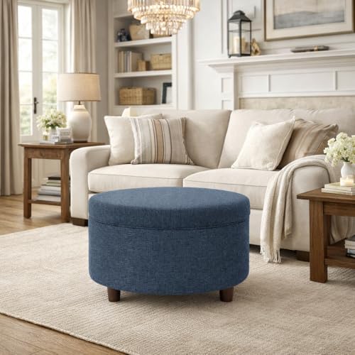 HomePop 28" Round Storage Ottoman - Textured Navy - color: Textured Navy
