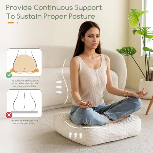 HIGOGOGO 6" Extra Thick Floor Pillow Cushion for Adults, Meditation Cushion Pillow, Large Square Floor Sitting, Tufted Corduroy Cover, for Tatami Living Room or Yoga, 22x22 Inch, 2Pack, Beige - color: Square Beige, size: 6" Thick(Pack of 2)