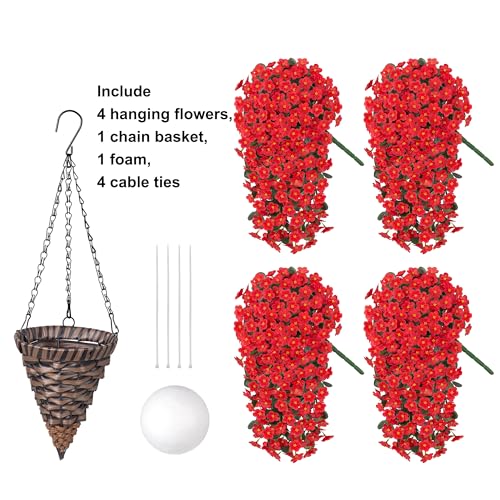 Artificial Hanging Flowers with Baskets for Decor, Fake Silk Red Hanging Daisy Orchid Flowers Plants, Faux Flower Centerpieces for Home Indoor Outdoor Garden Patio - color: Red