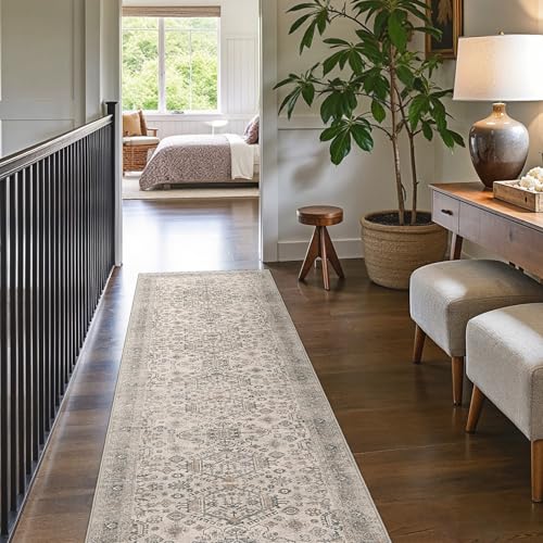 Bavni Washable Runner Rug 2’6”x10, Non Slip Vintage Hallway Runner, Ultra Thin Low Pile Washable Carpet for Kitchen Entryway Bedroom, Light Taupe Brown - color: Light Taupe Brown, size: 2'6" x 10' (Rectangular)
