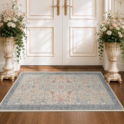 Vintage Boho 2x4 Area Rug for Entryway - Washable Blush Red Slate Blue Kitchen Rug for the Floor, Low Pile Non-Slip Rugs for Bathroom, Floral Bird Pattern Decor & Stain Resistance - color: Blue & Red, size: 2' x 4' (Rectangular)