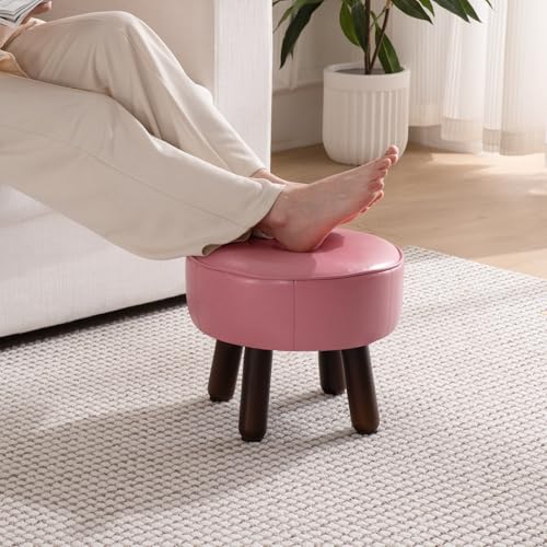 oakvivo Small Foot Stool Round Pouf Ottoman, 13'' Leather Foot Rest with Non-Skid Rubber Legs, Foolstool Ottomans for Couch, Sofa Footrest Step Stool for Living Room Bedroom Entryway Office, Pink - color: Pink