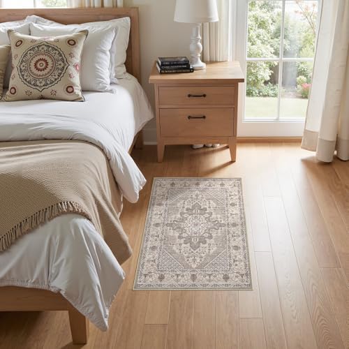 Tortania Area Rug 2x3 Doormat - Washable Vintage Oriental Farmhouse Soft Thin Indoor Carpet for Living Room Bedroom Hallway Entryway Kitchen - Taupe Brown - color: Taupe Brown, size: 2' x 3' (Rectangular)
