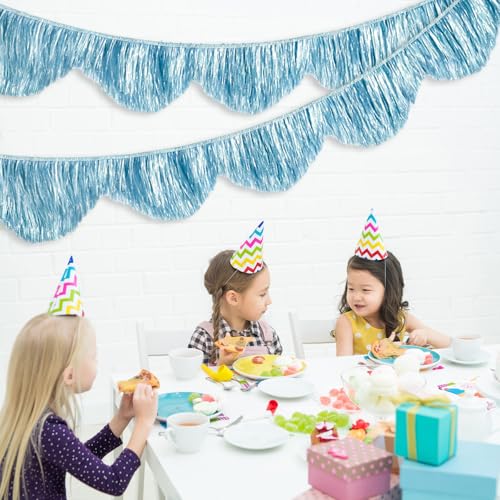 FYSUIMU 6.6 Ft Summer Blue Scalloped Banner Hanging Layered Sparkly Fringe Garland Tinsel Foil for Ocean Beach Themed Under The Sea Birthday Baby Shower Bachelorette Wedding Party Backdrop Decor - color: Blue