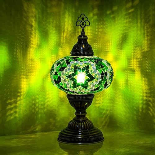 Turkish Lamp, Mosaic Table Lamp, Antique Moroccan Decorative Glass Bohemian Vintage Lamp Shade, Small Desk Tiffany Bedside Stained Glass Lamp with US Plug and E12 Socket - color: Green-9