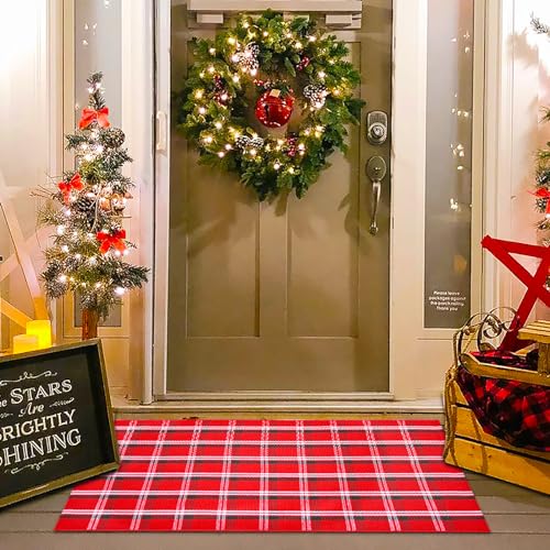 Christmas Red Green White Plaid Rug, 28" x 43" Cotton Hand-Woven Buffalo Check Layered Door Mat for Front Porch, Entryway, Outdoor Holiday Decor, Washable Farmhouse Rug for Home, Patio, Kitchen - color: Red & Green White Plaid, size: 2'4" x 3'7" (Rectangu
