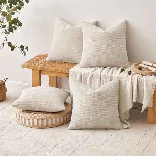 MIULEE Pack of 4 Couch Throw Pillow Covers 18x18 Inch Cream Soft Decorative Chenille Pillow Covers Farmhouse Accent Cushion Covers for Boho Spring Home Decor Sofa Bedroom Living Room - color: Cream, size: 18" x 18" (Pack of 4)