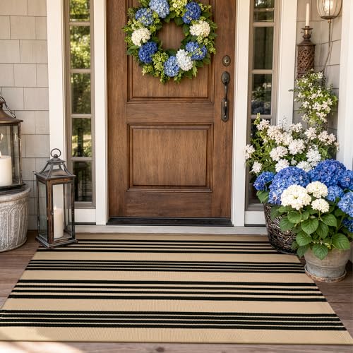 KIMODE Front Door Mats 24"x51", Black and Khaki Striped Layered Door Mats Outdoor,Machine Washable Farmhouse Front Porch Rug Decor Cotton Hand Woven Entryway Rug for Doorway - color: Black and Khaki Stripes, size: 2' x 4'3" (Rectangular)