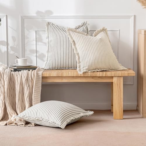 MIULEE Black Pack of 2 Pillow Covers 18x18 Inch Striped Farmhouse Couch Throw Pillow Covers with Fringe Chic Linen Decorative Cushion Covers for Sofa Living Room Bed Outdoor Home Decor - color: Black, size: 18" x 18" (Pack of 2)