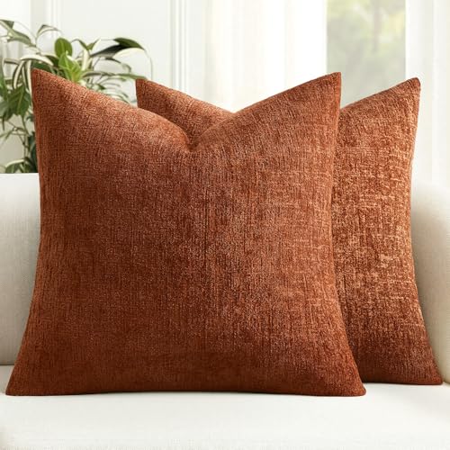 MIULEE Decorative Throw Pillow Covers 18x18 Pack of 2 Rust Couch Pillow Covers Fall Soft Cozy Textured Chenille Pillowcases for Home Decor Sofa Living Room Cushion Bedroom - color: Rust, size: 18" x 18" (Pack of 2)