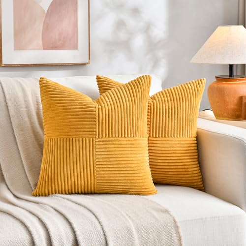 Fancy Homi 2 Packs Gold Yellow Samll Decorative Throw Pillow Covers 12x12 Inch with for Couch Bed Sofa, Farmhouse Boho Spring Home Decor, Soft Corss Patchwork Corduroy Square Cushion Case 30x30 cm - color: Gold Yellow, size: 12" x 12" (Pack of 2)