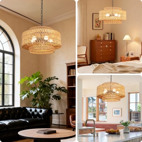24" Large Rattan Chandelier, 6-Light Boho Dining Room Light Fixture Over Table, Natural Handwoven Wicker Pendant Lamp for Living Room, Coastal Farmhouse Hanging Ceiling Light - color: Beige-W60cm