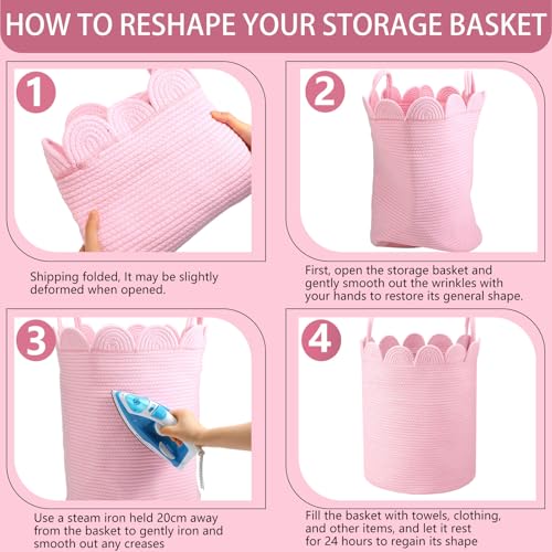 LemonRoad Pink Round Tall Basket Large Blanket Basket 15" L X 15" W X 19.7" H Scalloped Woven Baskets Cotton Storage Baskets for Nursery Classroom Closet Blankets Storage Home Decor - color: Pink, size: 15" L X 15" W X19.7" H