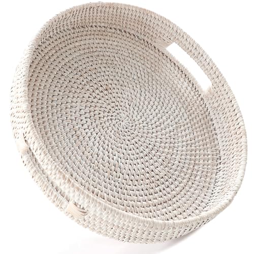 HITOMEN 14.2" Hand-Woven Round Rattan Serving Tray Decorative Ottoman Wicker Platter with Handles for Coffee Table, Breakfast, Drinks, Snack, Bread, Fruit, Vegetables (Whitewash-L) - color: Whitewash, size: Large (14.2 inches)