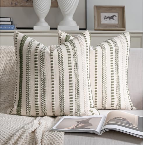 Cethom Green Boho Throw Pillow Covers 18x18 Inch Set of 2, Stripe Textured Decorative Couch Pillow Cases for Bed, Sofa, Living Room, Bedroom, Farmhouse Home Accent Cushion Covers - color: Green, size: 18" x 18" (Pack of 2)