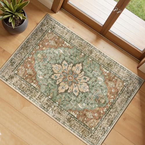RELEANY Area Rugs Small 2'x3' Washable Non-Slip, Floral Vintage Distress Medallion Carpet for Kitchen Entryway Bathroom, Terracotta Burnt Orange Green - color: Brick/Brown/Green, size: 2' X 3' (Rectangular)
