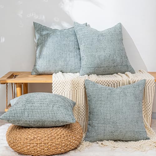 Pack of 4 Throw Pillow Covers 16x16 inch Aquamarine Boho Cushion Covers Decorative Farmhouse Pillow Covers for Couch Bed Sofa Living Room Home Decor Soft Square Pillowcase - color: Aquamarine, size: 16" x 16" (Pack of 4)
