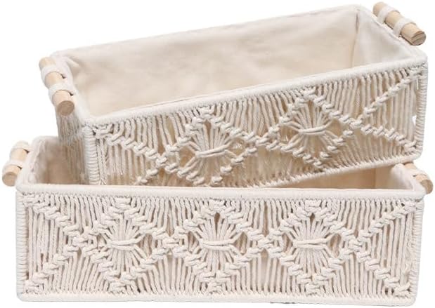 Macrame Storage Boho Decor Basket Set for Organizing - Woven Decorative Countertop, Toilet Paper, Tank Top Shelf With Handle - Bathroom Decor Nursery (Set of 2)
