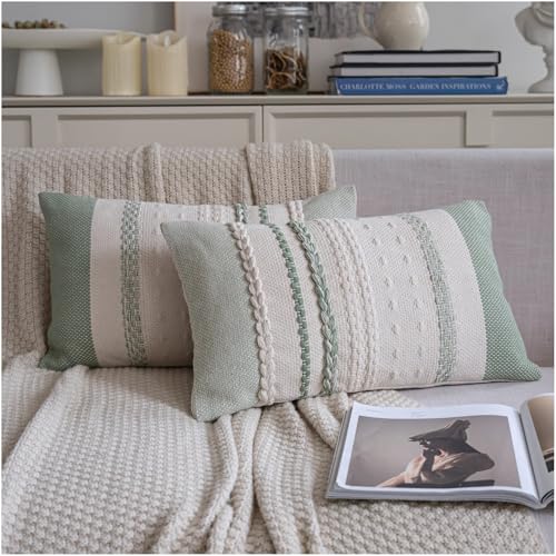 Cethom Boho Lumbar Pillow Covers 12x20 Inch Set of 2, Sage Green Textured Decorative Couch Pillow Cases for Farmhouse Home Decor, Accent Cushion Cover for Sofa, Bed, Living Room, Bedroom - color: Sage Green, size: 20" x 12" (Pack of 2)