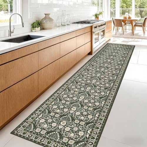 2x10 Washable Runner Rug for Hallways: Non Slip Boho Floral 2'x10' Long Botanical Rugs for Kitchen,Laundry,Bedroom - Indoor Green Rugs Soft Low Pile Carpet Runners with Rubber Backing - color: Green, size: 2' x 10' (Rectangular)