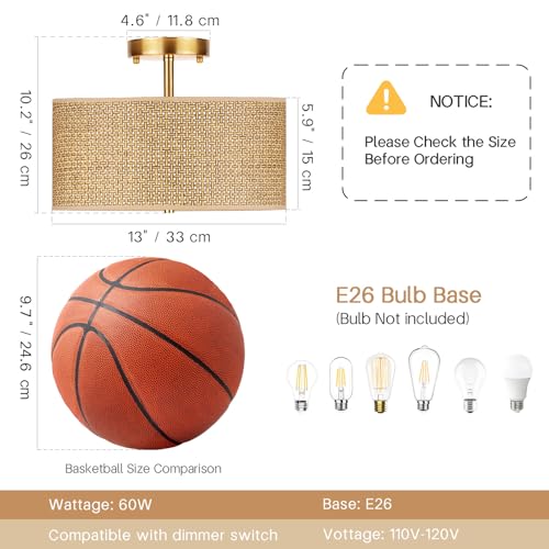 13" Woven Rattan Boho Ceiling Light Fixture, 3-Light Modern Semi Flush Mount Lamp with Drum Fabric Shade, Rustic Brown Lighting for Bedroom, Dining Room, Living Room, Hallway, Entryway - color: Deep Brown