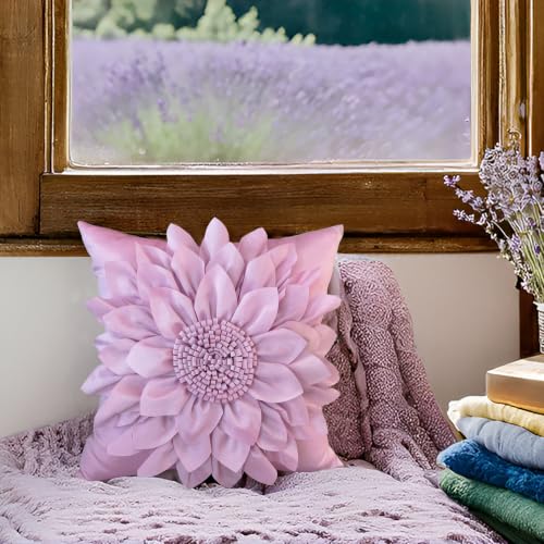 Bella's Giftshop 3D Sunflower Decorative Throw Pillow Covers for Bed Sofa Couch Chair, Accent Floral Taffeta Cushion Cover, Handmade Pillow Cases Living Room Decor, 17x17 Inch-Purple/Lavender - color: Purple