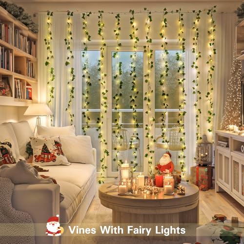 JMEXSUSS Vine Lights for Bedroom, 200 LED Vines Fairy Lights, Artificial Ivy Leaf Light for Wall Curtain Wedding Party Christmas Indoor Decor, 6.5ft x 6.5ft with Remote - color: Ivy, size: 6.5x6.5ft - 200 LED