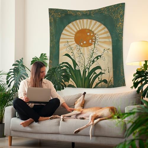 HUGANE Emerald Green Lily of the Valley Boho Sun Tapestry, Mystical Folk Botanical Wall Tapestries, Vintage Boho Sunshine Flower Hanging Wall Decor for Bedroom Living Room Home Office