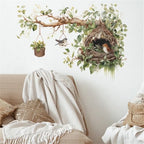 Bird Nest and Tree Branch Wall Decal, Decorative Vinyl Large Tree Branch Wall Sticker with Hanging Basket Design, Nature-Inspired Birds Nests Room Decor (Cute Bird Nest)