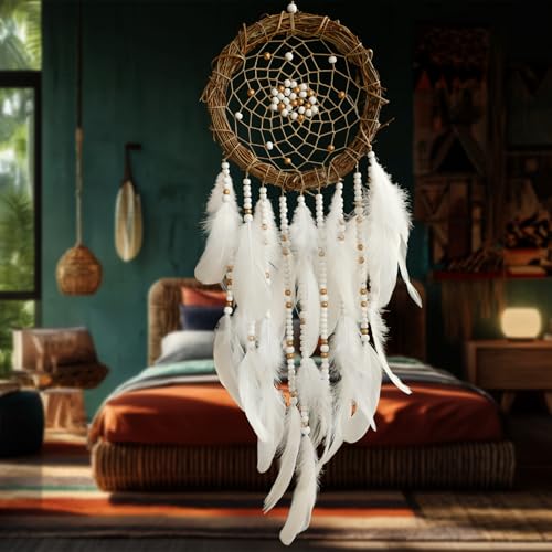 Dream Catcher Native American Boho Dreamcatcher White Wall Decor, Handmade Rattan Natural Goose Feathers Wall Hanging Art Piece Indian Room Decor for Bedroom Living Room Wedding - color: White