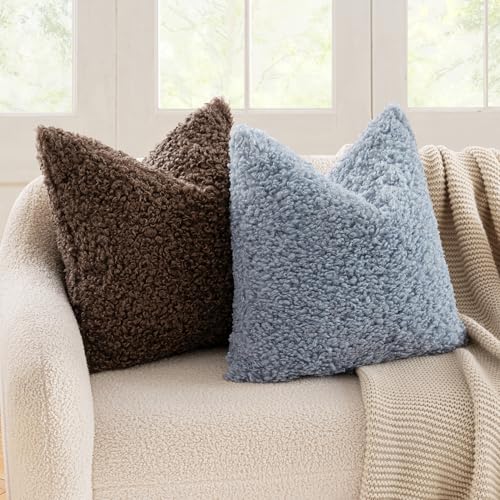 MIULEE Pack of 2 Dusty Blue Faux Fur Throw Pillow Covers 18x18 Inch Boucle Decorative Sherpa Pillow Covers Fuzzy Accent Soft Sheepskin Fleece for Boho Home Decor Sofa Living Room Couch Bed - color: Dusty Blue, size: 18" x 18" (Pack of 2)
