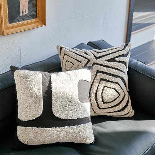 Black White Geometric Tufted Decorative Throw Pillow Cover，Chunky Boho Minimalist Modern Pillow Case，Mid Century Woven Abstract Pillow Sham for Bed Couch Living Room，18x18 inches, 1PCS - color: Black-b