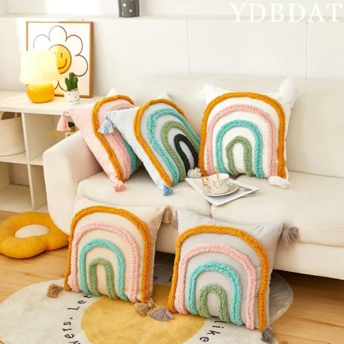 Boho Decorative Rainbow Colorful Throw Pillow Covers 18x18 Farmhouse Tufted Textured Pillow Covers with Tassels Woven Cushion Case for Sofa Bed Living Room Hallowmas Champagne x1 - color: Champagne, size: 18" x 18" (Pack of 1)