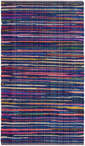 SAFAVIEH Rag Rug Collection Accent Rug - 3' x 5', Blue & Multi, Handmade Boho Stripe Cotton, Ideal for High Traffic Areas in Entryway, Living Room, Bedroom (RAR240B)