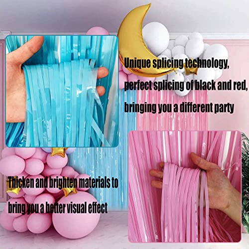 4 Pack Macaron Pink Blue Foil Fringe Curtain Backdrop, 3.28Ft x 8.2Ft Metallic Tinsel Foil Fringe Streamers for Photo Booth, Wedding Gender Reveal Backdrop Boy or Girl Birthday Party Decoration - color: Blue,Pink