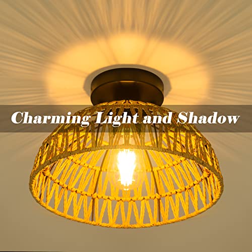 12.2" Rattan Ceiling Light Fixtures 2 Packs, Rustic Woven Basket Flush Mount Ceiling Light, Handmade Wicker Ceiling Lamp, Rattan Chandelier For Kitchen Island, Hallway, Living Room, Bedroom, E26 Base - color: Brown