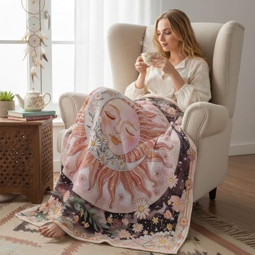 Neasow Sun Moon Daisy Throw Blanket, Boho Aesthetic Floral Blanket, Super Soft Pink Bohemian Decor for Couch Dorm Sofa Room, 50×60 inch - color: Pink Sun and Moon, size: 60"L x 50"W