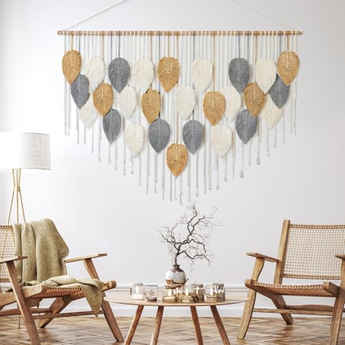 KHOYIME Large Macrame Wall Hanging Boho Woven Tapestry, Chic Modern Home Decor Bohemian Farmhouse Handmade Leaf Feather Wall Art Decorations for Living Room Bedroom Nursery Dorm Backdrop 51.5"W X 33.5"L - color: Yellow-51.5"W x 33.5"L