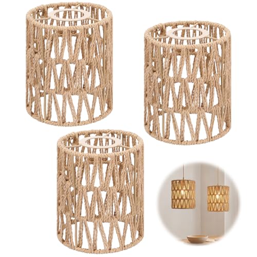 Kifmurase 3Pcs Small Rattan Lamp Shade, Boho Shades, Vintage Hanging Light Shade, 5.9" H x 4.7" D Cylinder Woven LampShades for Floor Lamps Pendant Light Chandelier Wall Sconces Light Fixture