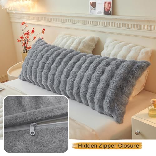 LIFEREVO Fluffy Faux Rabbit Fur Body Pillow Cover, Soft Cute Bubble Shaggy Plush Bed Body Pillowcase with Zipper Closure, Long 20"x54" Fuzzy Furry Pillow Case for Pregnancy Side Sleeper, Light Grey - color: Light Grey