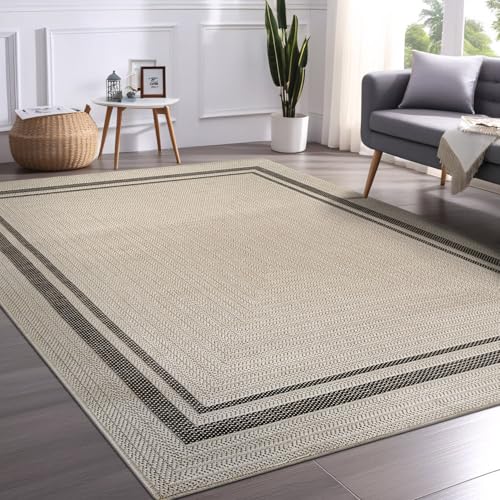 Beverly Rug Easy Jute Bordered Rug 5x7 Washable Durable Indoor Outdoor Area Rugs for Living Dining Room Patio Office Stain Resistant Non Shedding Casual Indoor Outside Carpet 5 x 7 Off-White - color: Bordered/Off-white-black, size: 5' x 7' (Rectangular)
