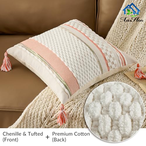 AmHoo Chenille Striped Textured Boho Throw Pillow Covers Aesthetic with Tassels Woven Decorative Pillow Case for Couch Bed Sofa Bedroom Modern Funky 18 x 18-Inch White Orange - color: White Orange, size: 18" x 18" (Pack of 1)