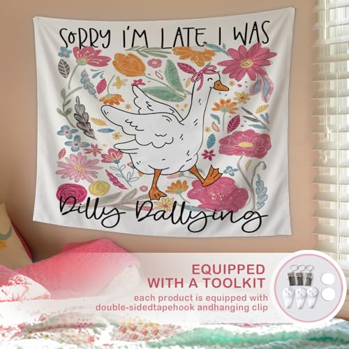 Lacama Pink Funny Tapestry, Cute Goose Tapestry for Bedroom Teen Girls Room College Dorm Apartment, Preppy College Dorm Decor, Sorry I’m late, I was Dilly Dallying Blanket for Friend 50x60 - color: Sorry I'm late, I was Dilly Dallying