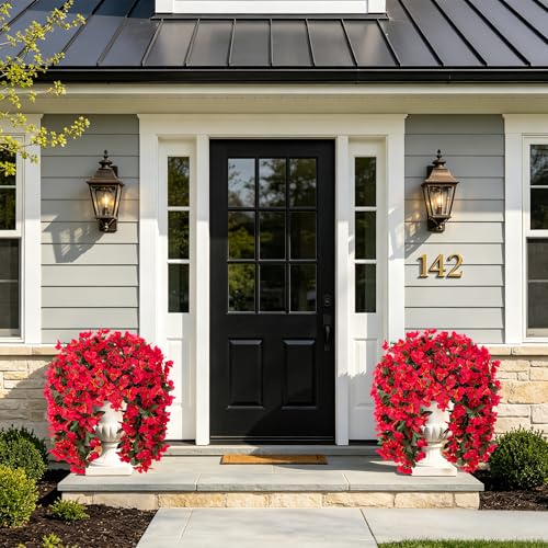 Faux Bougainvillea Artificial Flowers Plants for Outdoor Outside Decoration, 2 PCS Red Fake Flowers UV Resistant Look Real Silk Long Trailing Vines for Front Door Porch Planter Urn Patio Garden Yard - color: Red