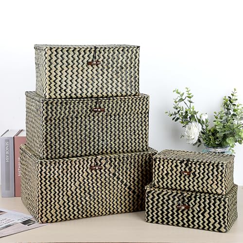 Hipiwe Wicker Shelf Baskets Bin with Lid, Handwoven Seagrass Basket Storage Bins Rectangular Household Basket Boxes for Shelf Wardrobe Home Organizer, Black,X-Large - color: Black, size: X-Large