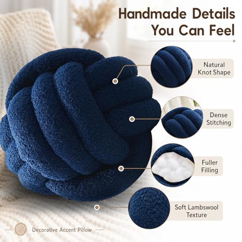 Petrella Navy Blue Knot Pillow Ball, Handmade Soft Lambswool Round Throw Pillow for Chair, Couch and Modern Room Decor, Small Decorative Pillows, Knotted Accent Cushion, 8 Inch - color: Navy, size: 8inch