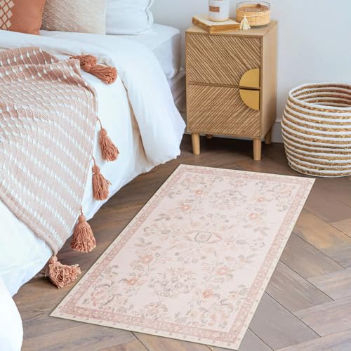 MUJOO Small Rug Washable,Pink 2x3 Area Rugs for Entryway,Floral Front Door Mat Indoor Entrance Entry Way,Boho Kitchen Bathroom Floor Rug Throw Carpet Non Slip Low Pile Vintage - color: Pink, size: 2' x 3' (Rectangular)
